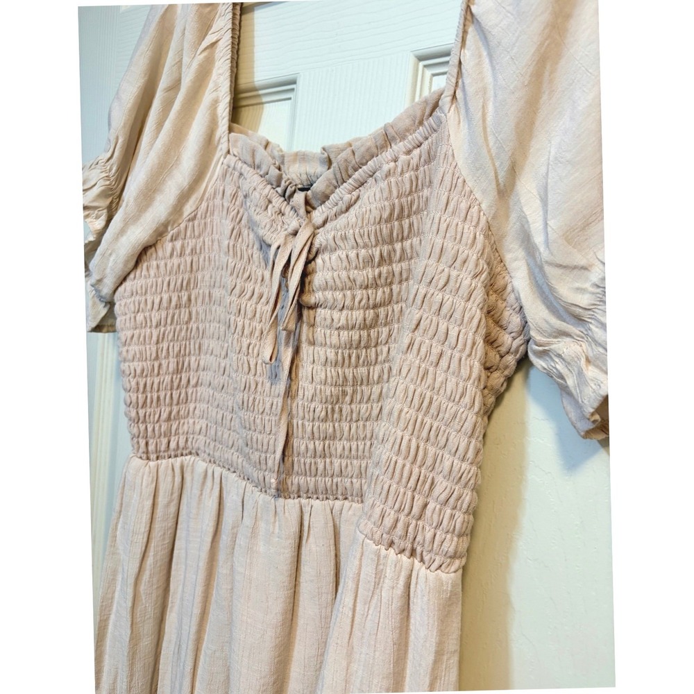 As U Wish Dress Smocked Bodice Short‎ Sleeve Tan Ruffle Hem Plus Size 1X